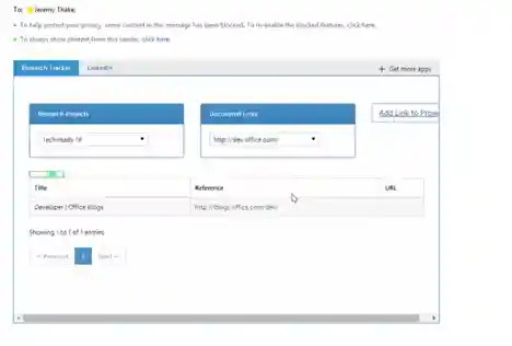 Research Tracker Outlook Add-in sample application main page