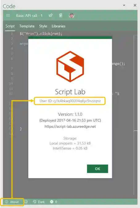 Inside the 'about' button showing how to find the User ID location