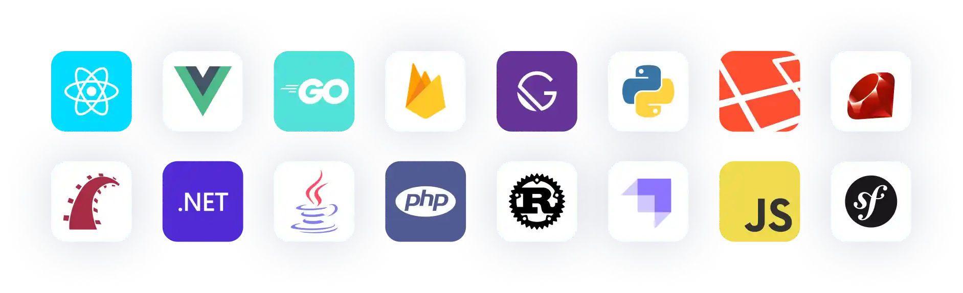 Logos belonging to different languages and frameworks supported by Meilisearch, including React, Ruby on Rails, Go, Rust, and PHP