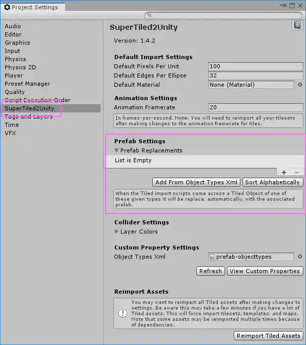 SuperTiled2Unity Project Settings