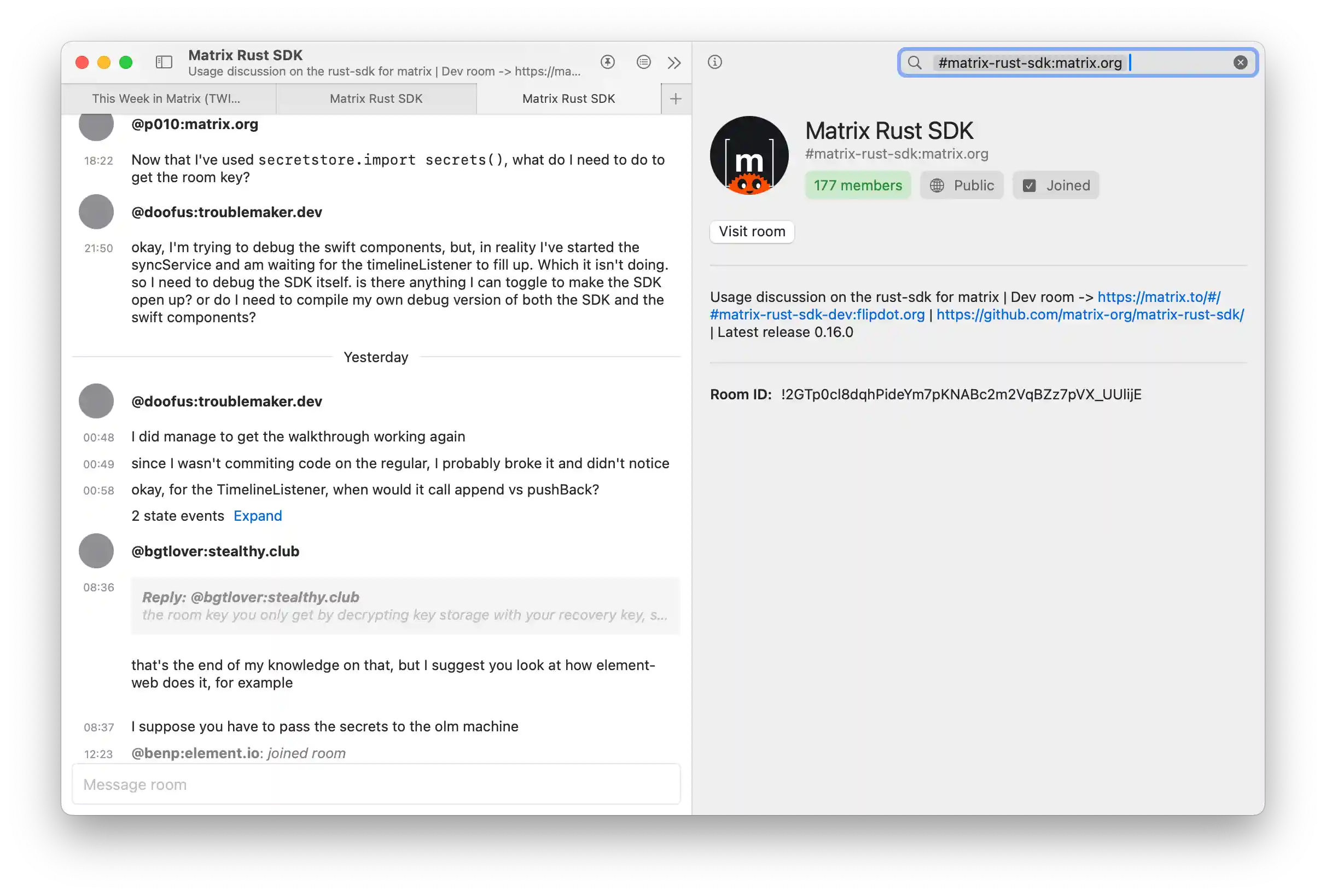 Screenshot of search for specific room