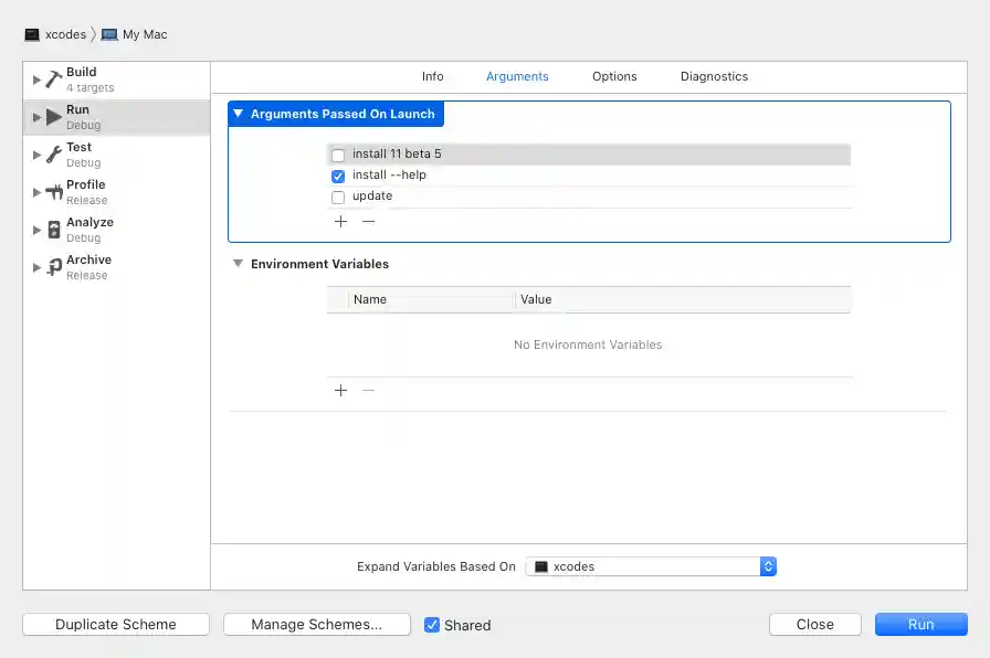Xcode Edit Scheme Screen