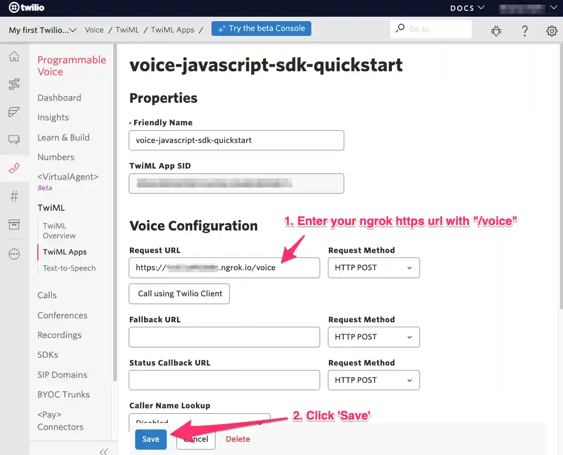 screenshot of TwiML App Voice Configuration