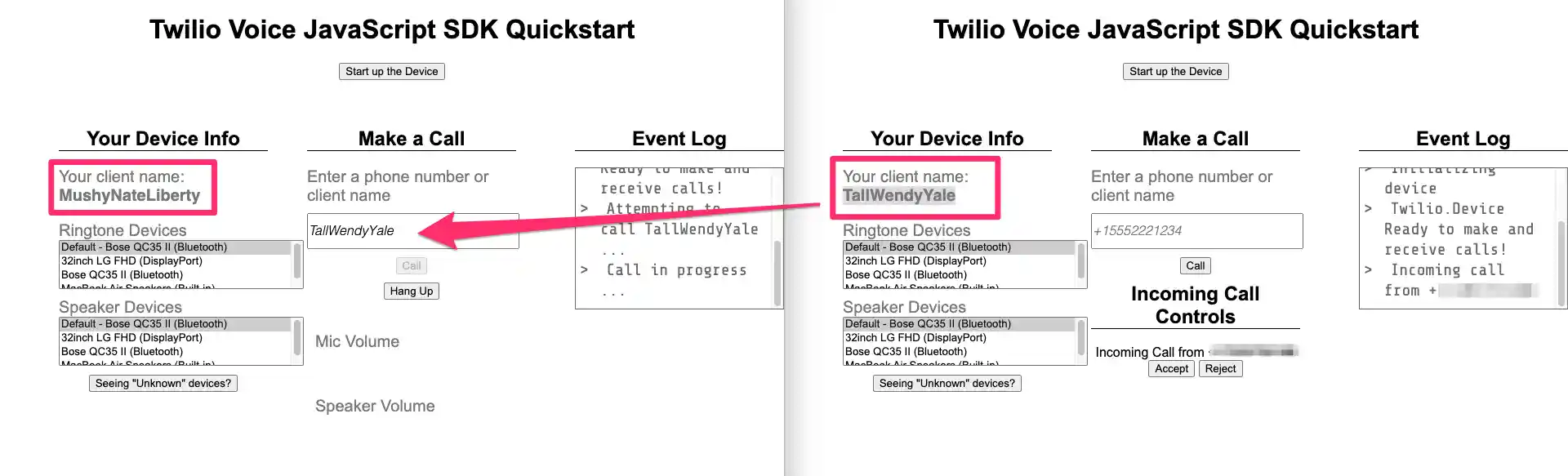 screenshot of browser-to-browser calling