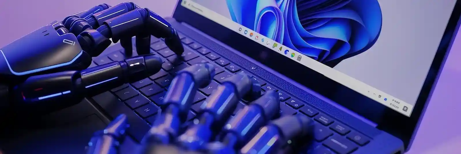 Robotic hands typing on windows 11 based laptop