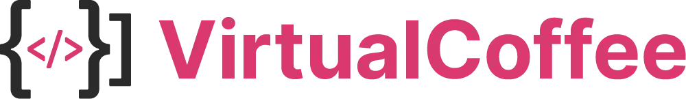 Virtual Coffee full logo - brackets and carets making a mug shape before the words "Virtual Coffee"