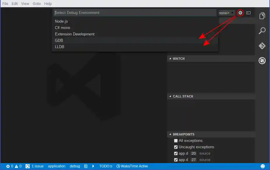 Image with red circle around a gear and a red arrow pointing at GDB and LLDB