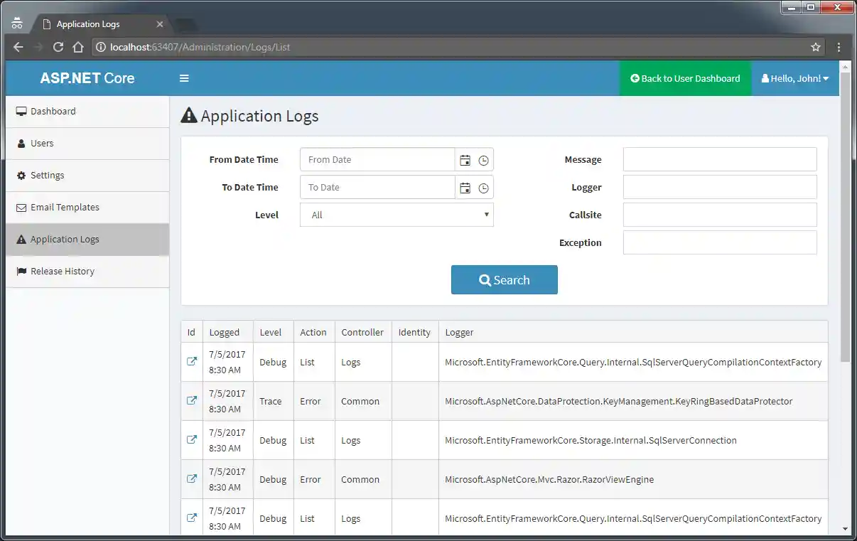 Admin Application Logs Admin Application Logs