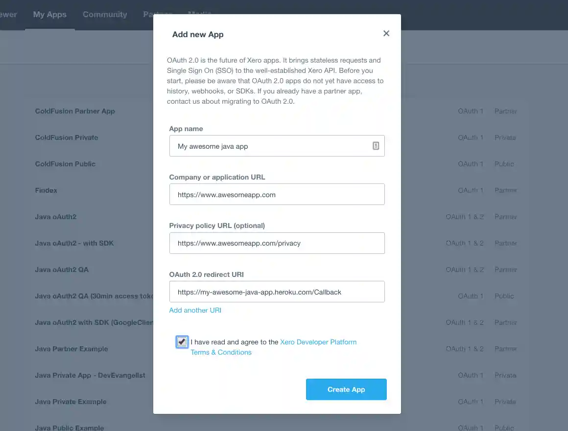 Xero : Create oAuth 2 App