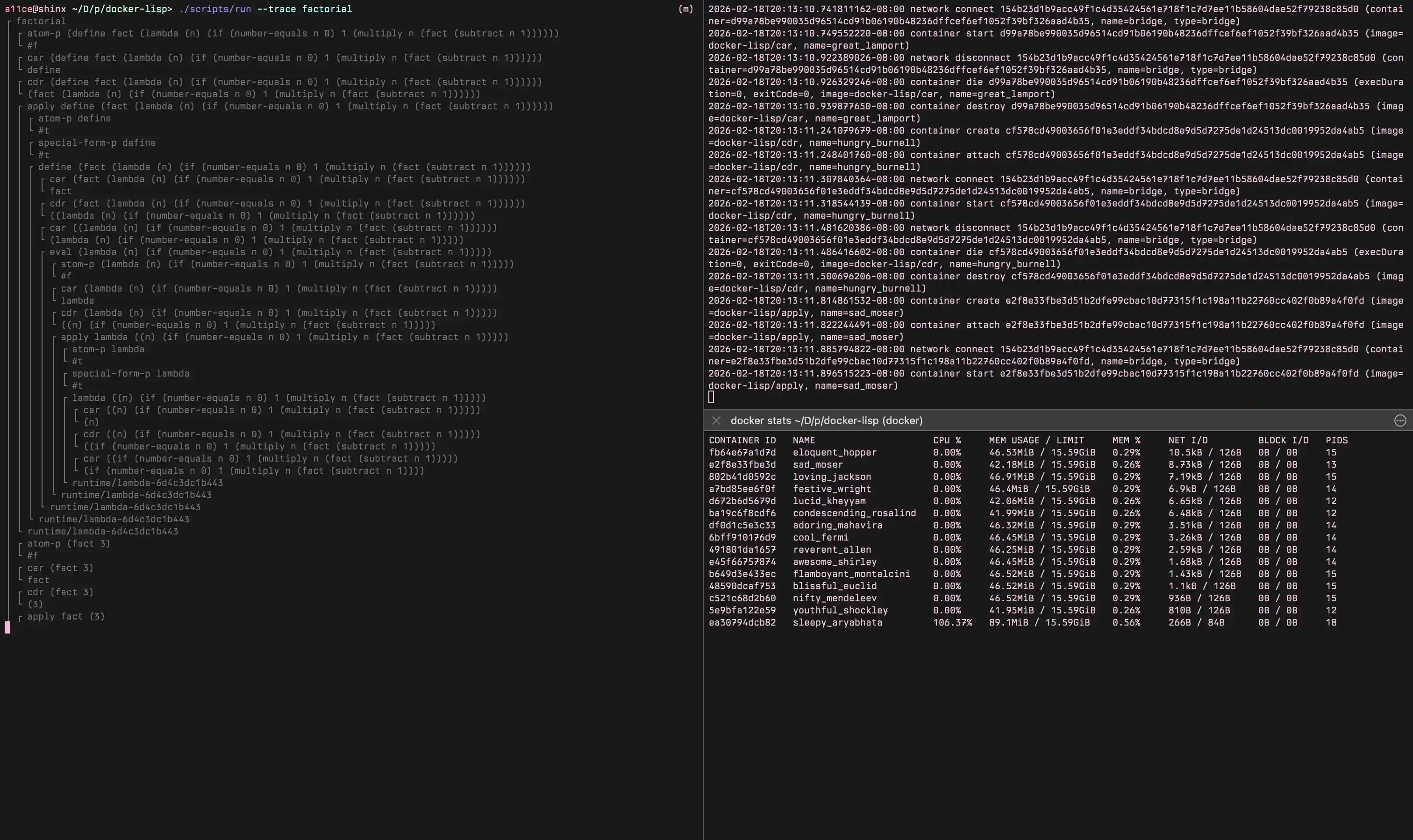 Screenshot of a program trace, docker events, and docker stats..
