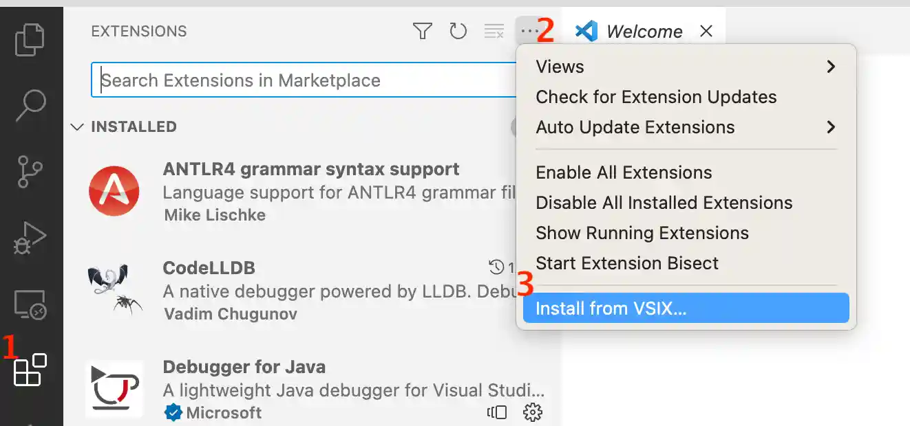 First click 'Extensions', then the horizontal dots menu at the top of the list, then 'Install from VSIX...'