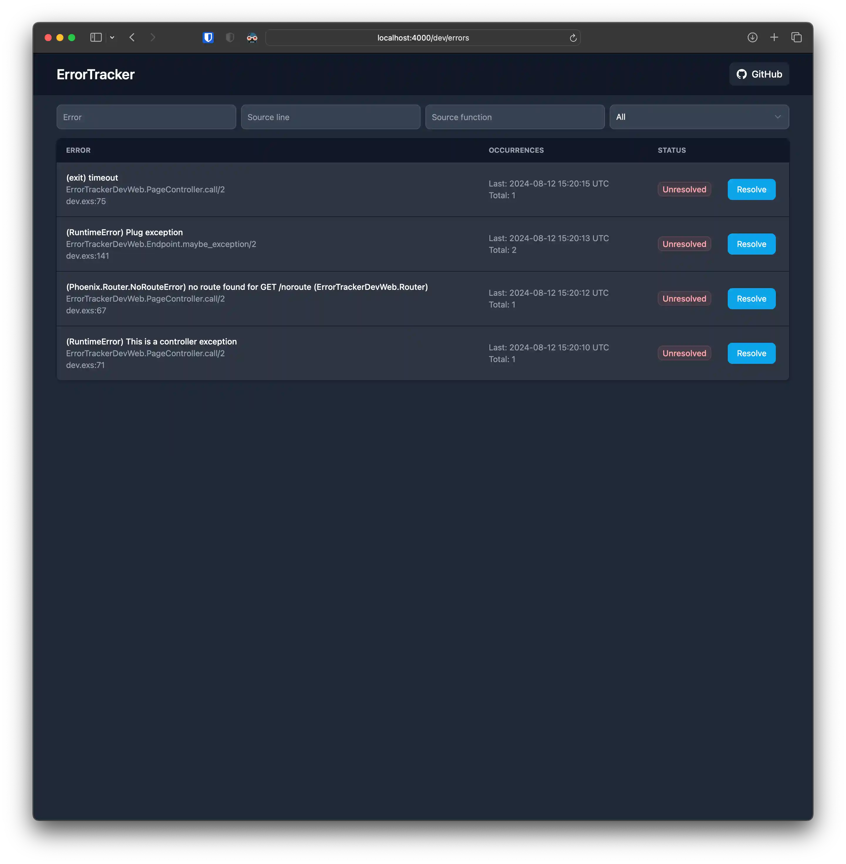 ErrorTracker web dashboard