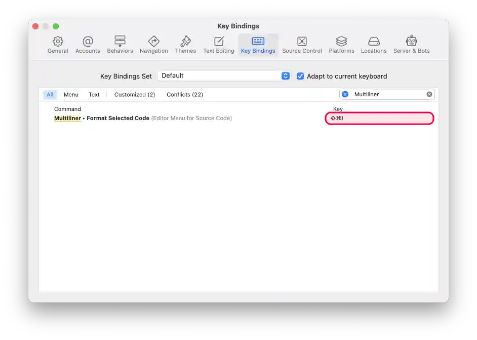Setting a key binding in Xcode