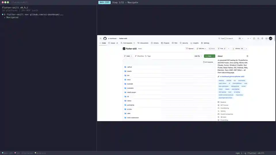 flutter-skill CLI demo — nav, tap, type, screenshot across websites