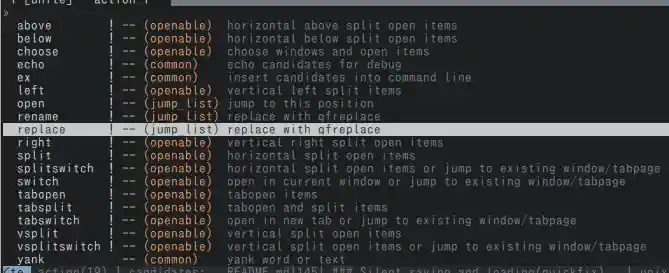 A screenshot of action list of vim-bookmarks' Unite interface