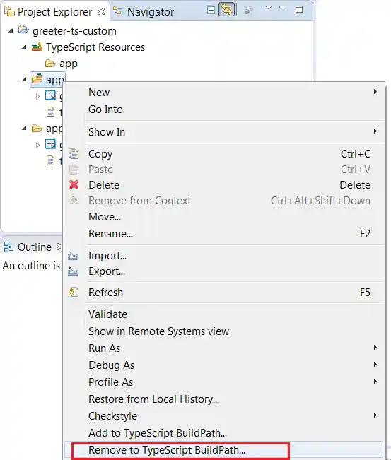 TypeScript Build Path Remove Menu