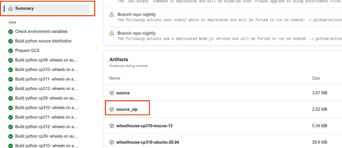 An image of the GitHub Actions Summary shwoing where the source zip artifact is listed.