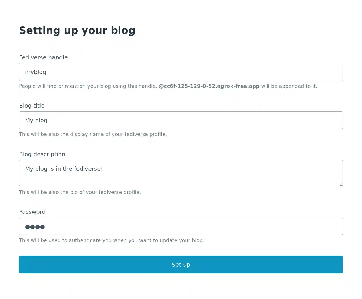 The initial setting up form.