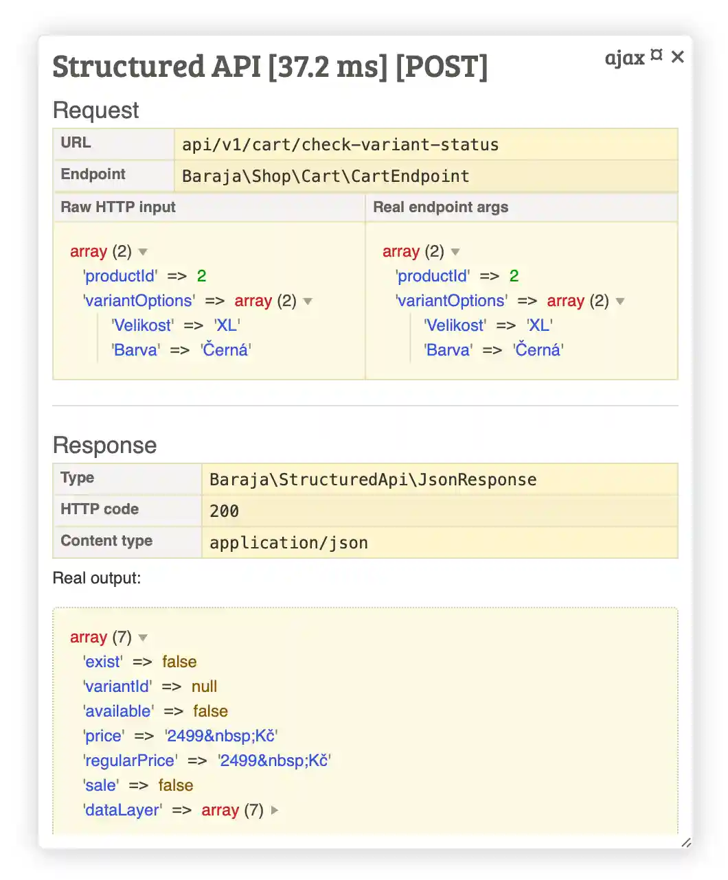 Baraja Structured API debug Tracy panel