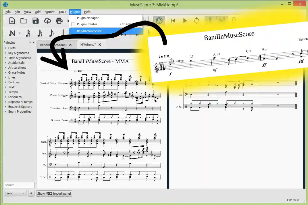 Illustration: One click accompaniment generation from Chords in MuseScore3