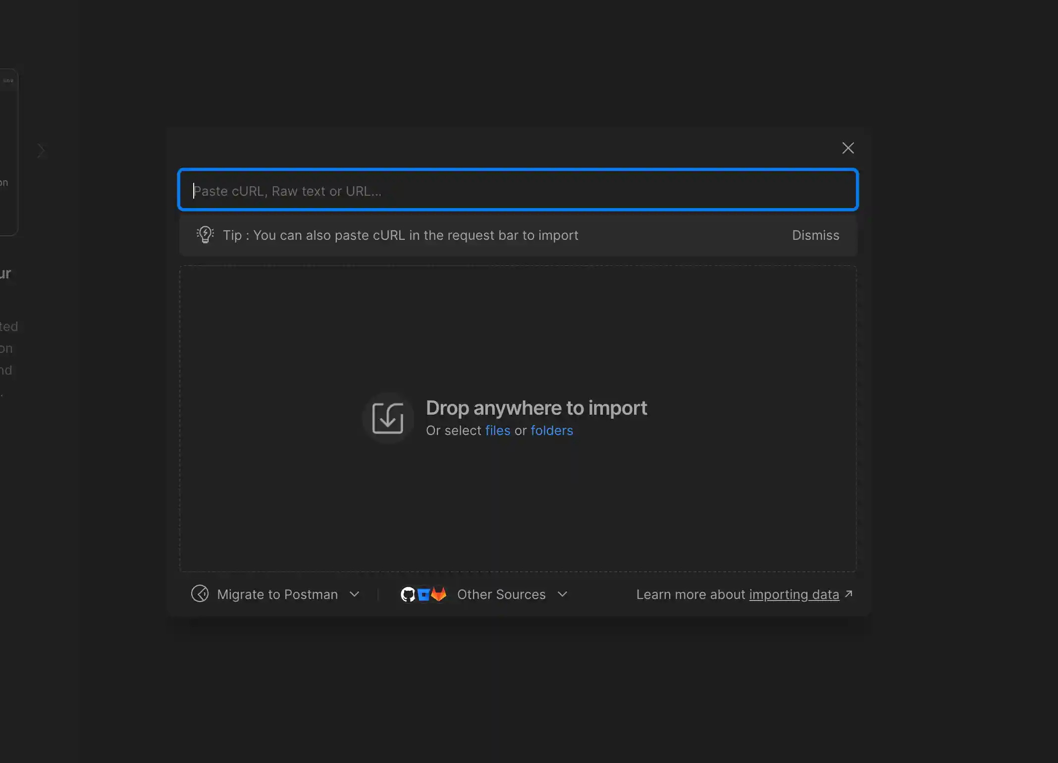 Screenshot of of Postman for Mac, showing the Import screen.