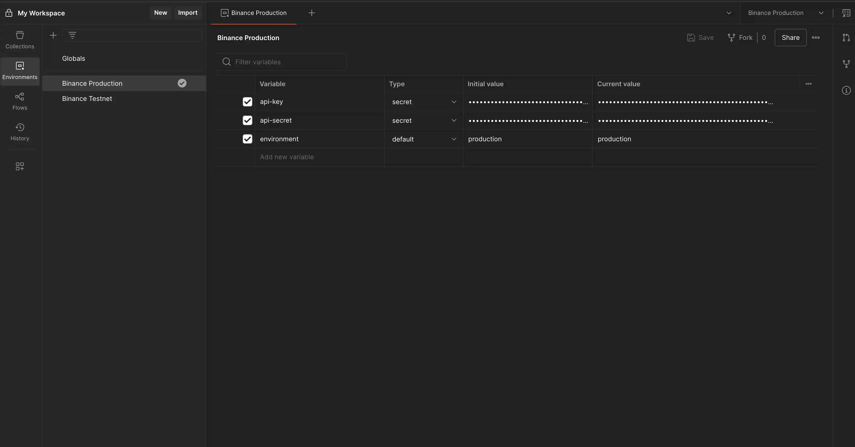 Screenshot of Postman for Mac, showing where the user should fill in their API and secret keys.