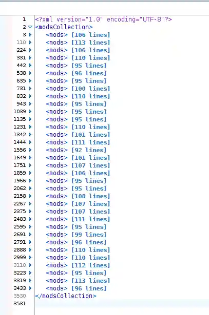 Screenshot of modsCollection document in Oxygen