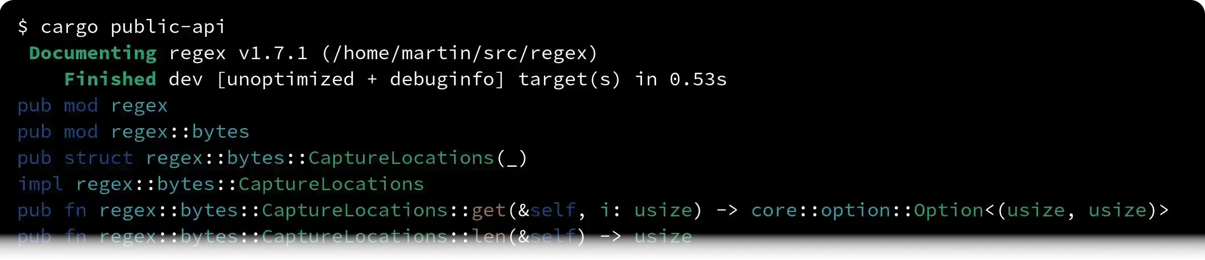 colored output of listing a public api