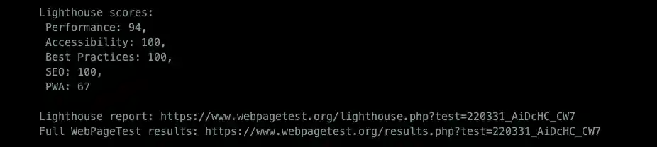 Lighthouse scores by Webpagetest WPT