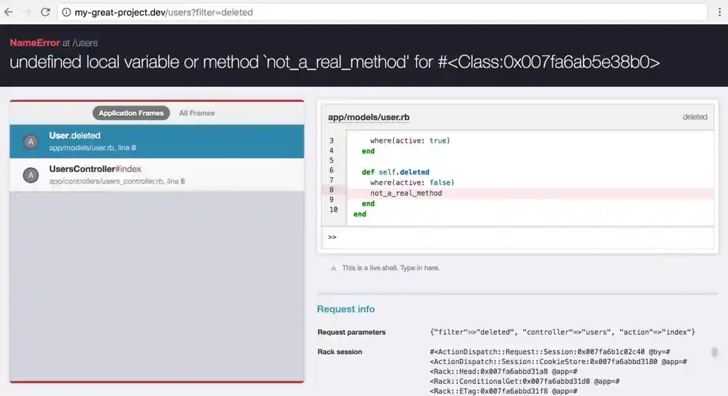 an application error shown in Better Errors