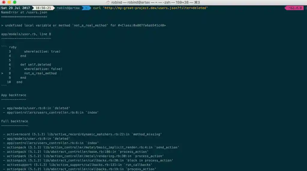text stacktrace in response to curl