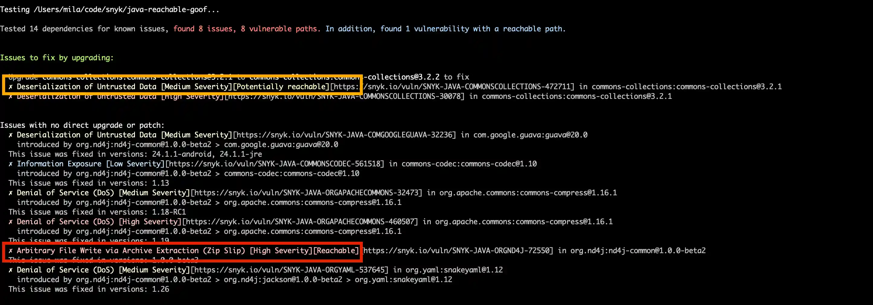 Snyk CLI Reachable Vulnerabilities