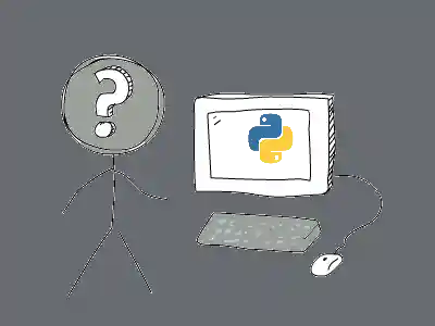 Logo of the 'wtfpython' repo - a stick figure is standing next to a drawn computer monitor that has the python logo. On the stick figure's head, is a question mark. the python logo's alt text as taken from the python.org website - 'python™'.