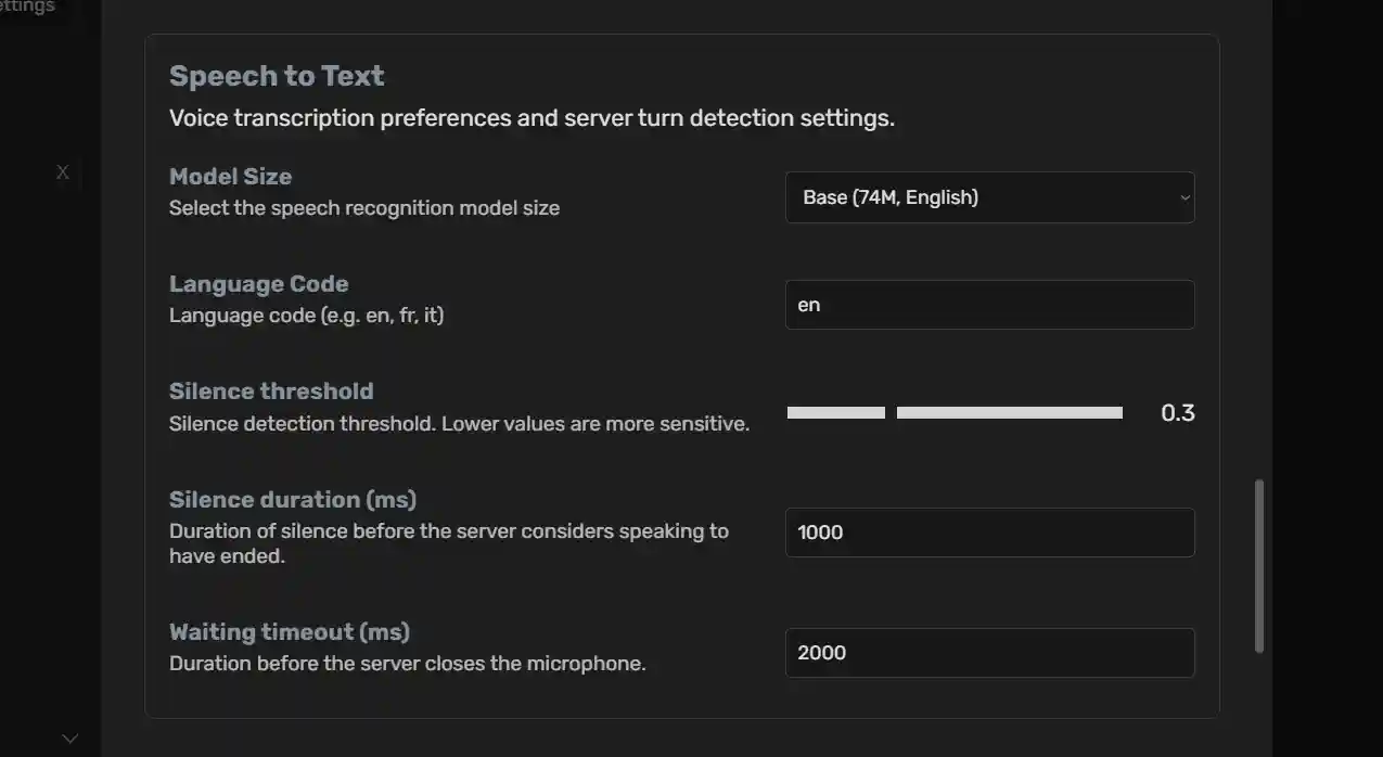 Speech to Text Settings