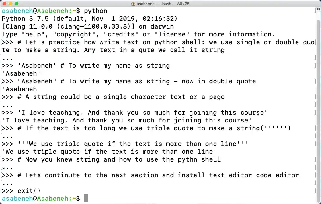 Writing String on python shell