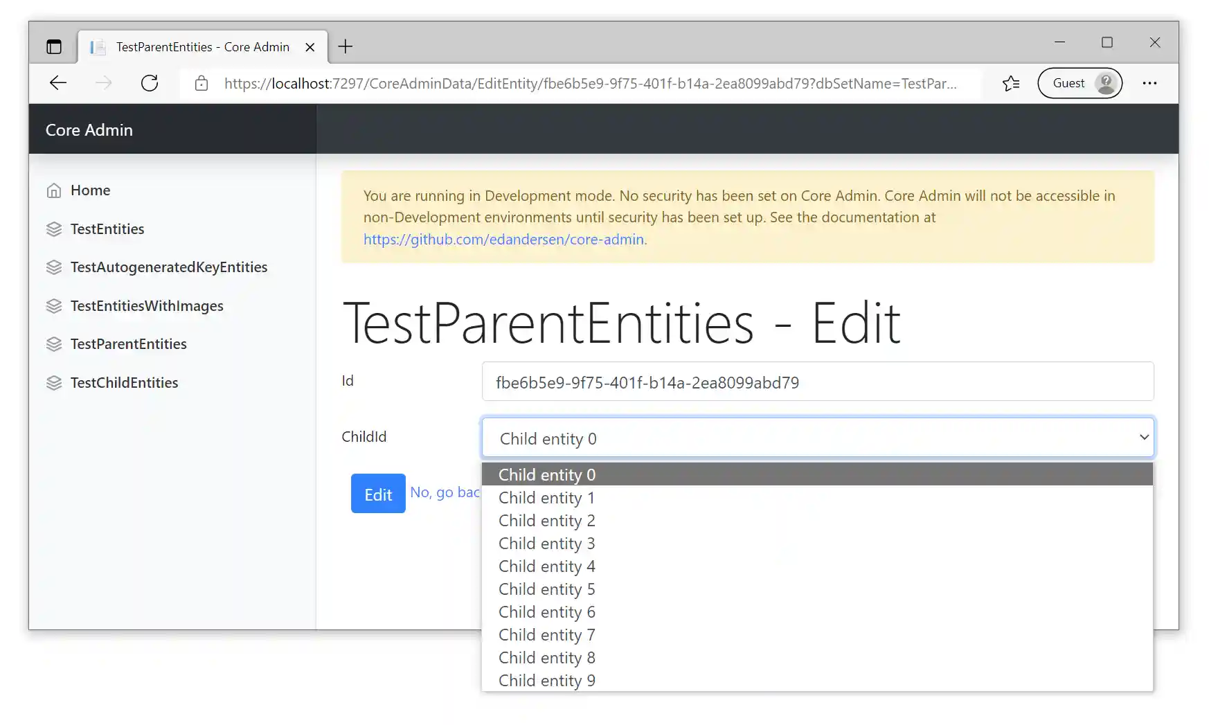 Screenshot of core admin
