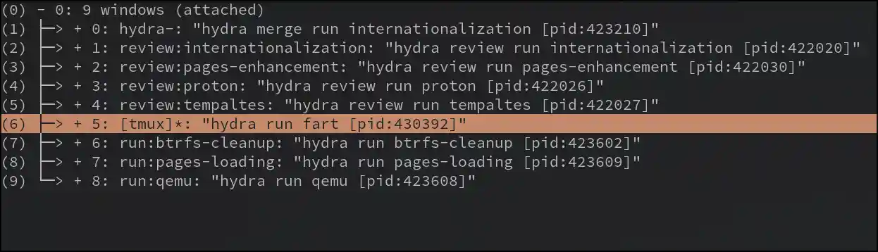 tmux window list showing hydra tasks