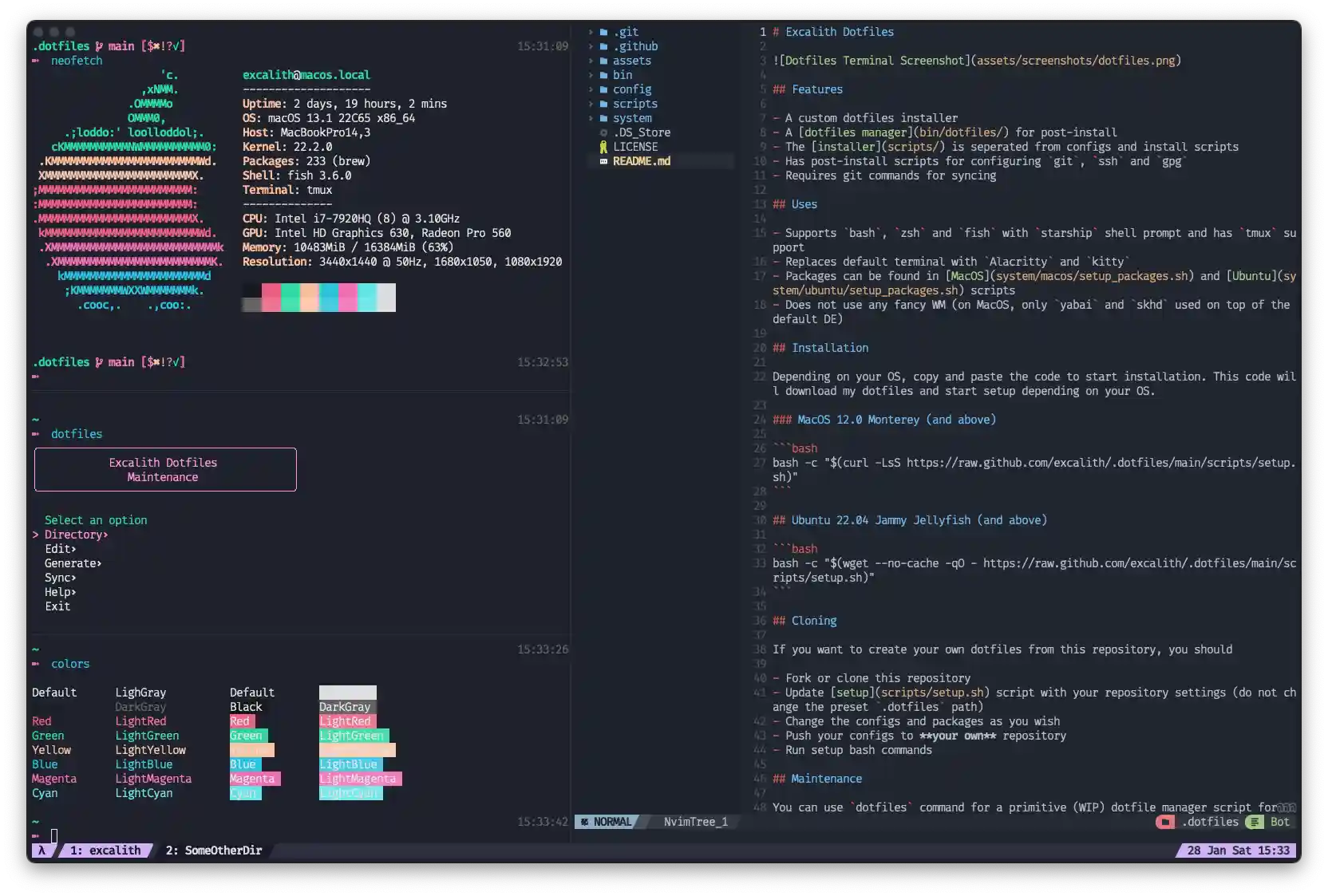 Screenshot of alacritty terminal using fish shell with spaceship prompt and tmux, displaying neofetch, nvim and custom scripts