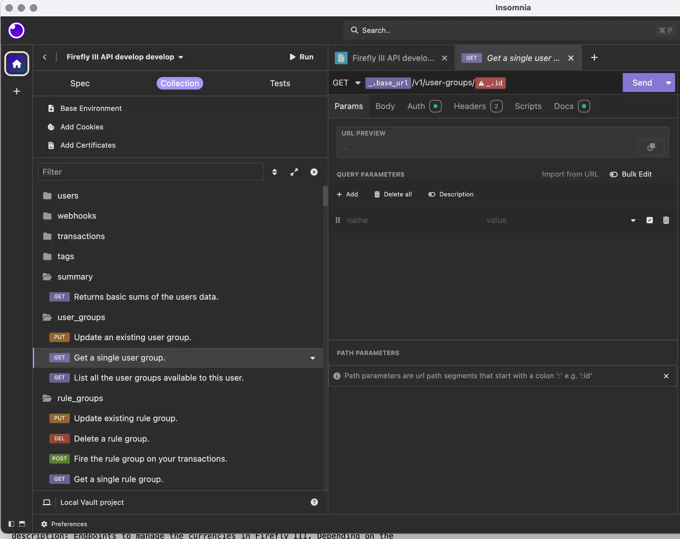 Firefly III API collection in Insomnia