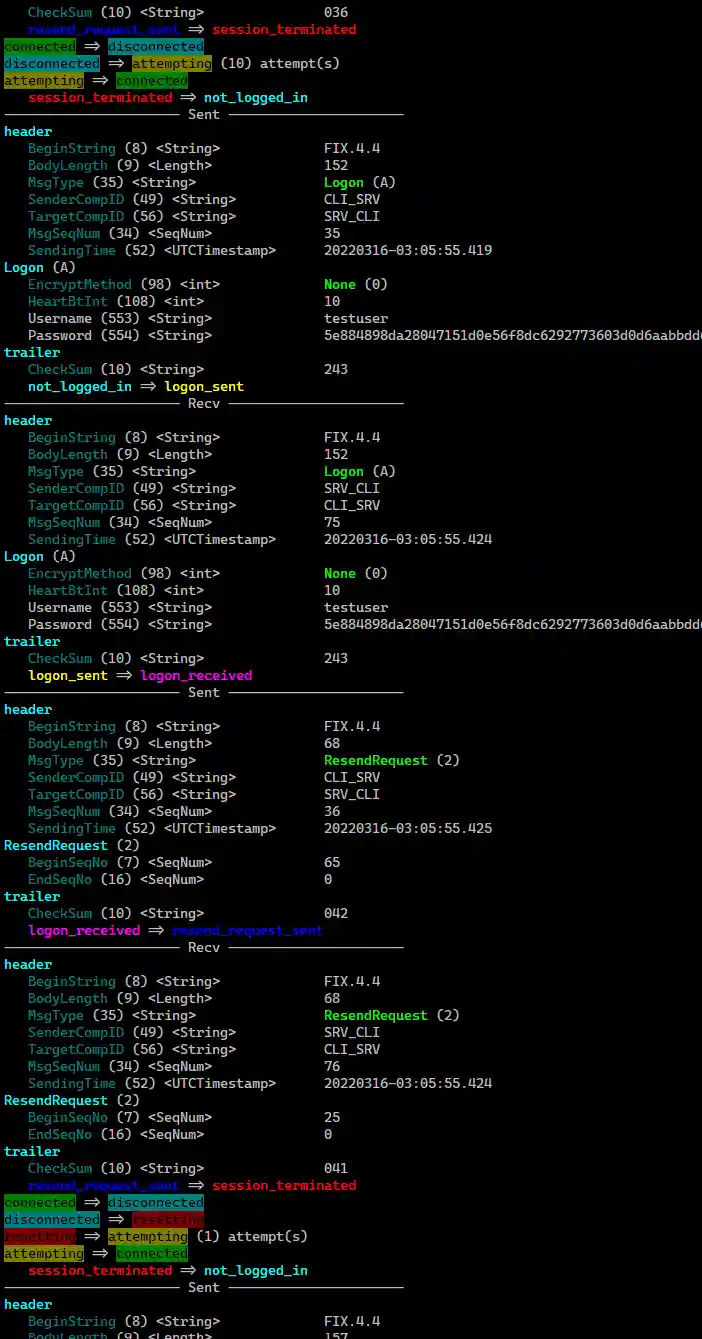 Shows a reliable client attempting to reconnect, finally performing an automatic sequence reset and successfully connecting