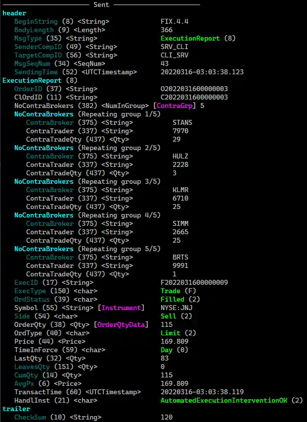 Shows the server responding to a NewOrderSingle