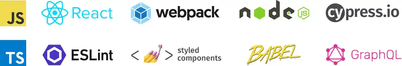 JS, TS, React, Webpack, Node.js, cypress.io, TS, eslint, styled-components, babel, GraphQL