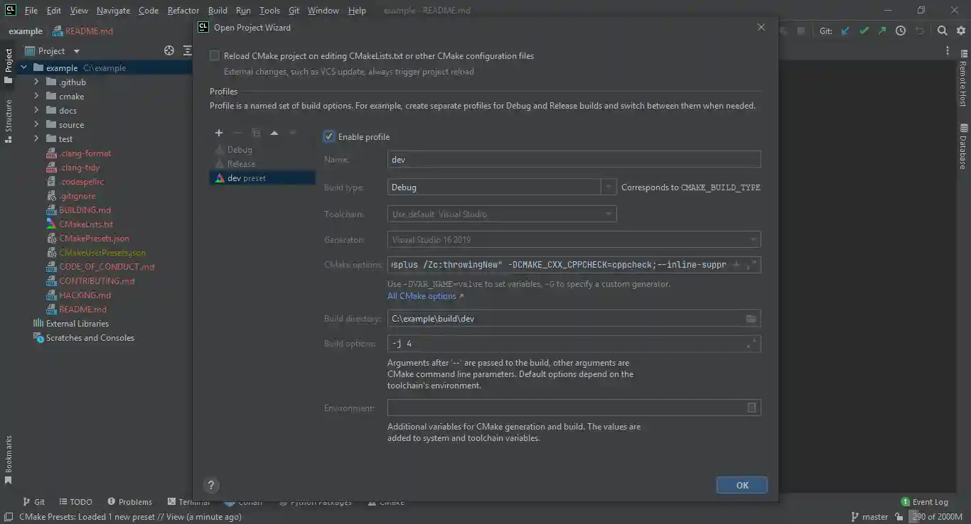 Selecting the dev preset in CLion