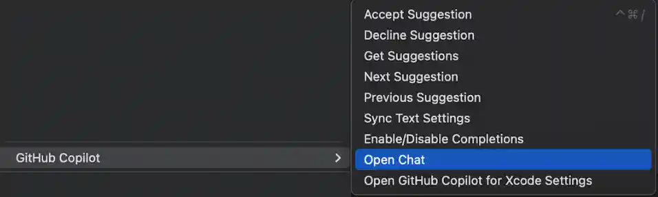 Screenshot of Xcode Editor GitHub Copilot menu item