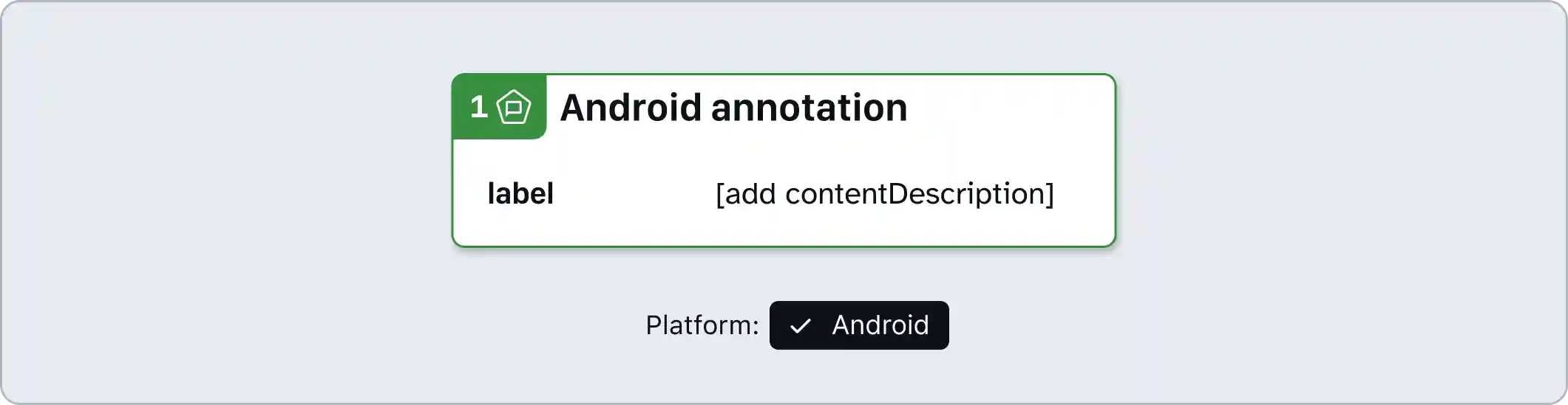 Mobile Details annotation with green accent colors, a label field, and a note number of 1. The platform has been set to Android.