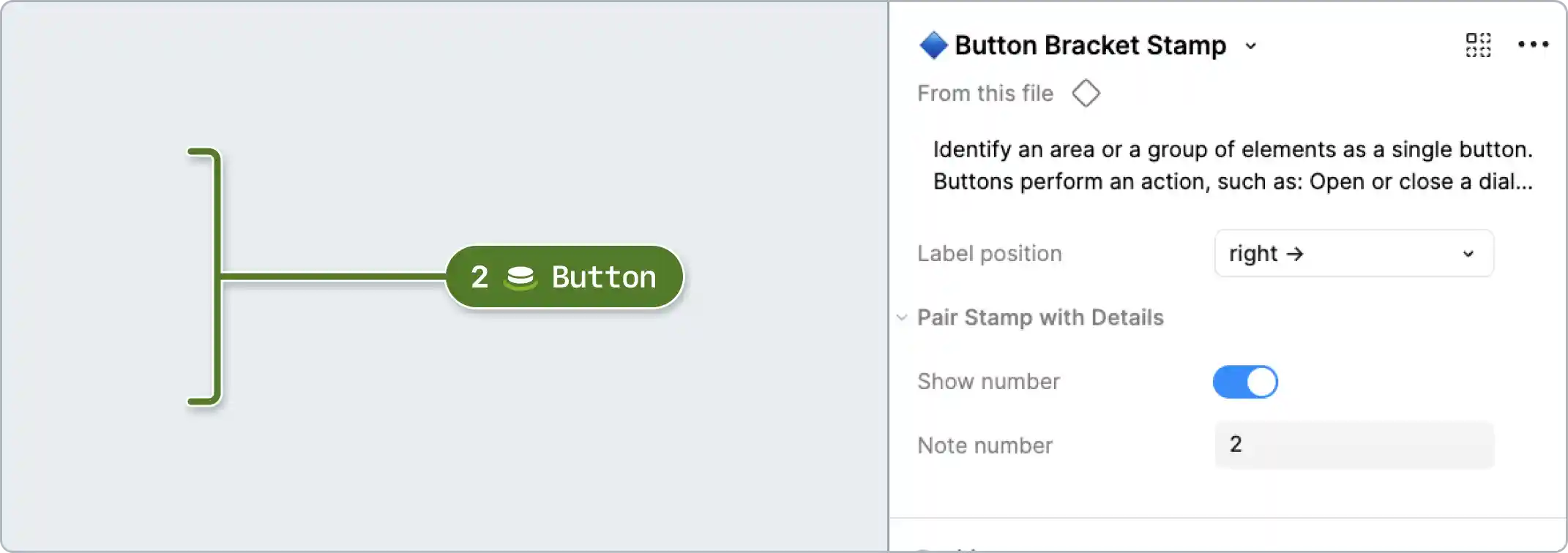 A button bracket stamp and Figma properties panel. The note number has been set to 2, with the bracket label positioned to the right.