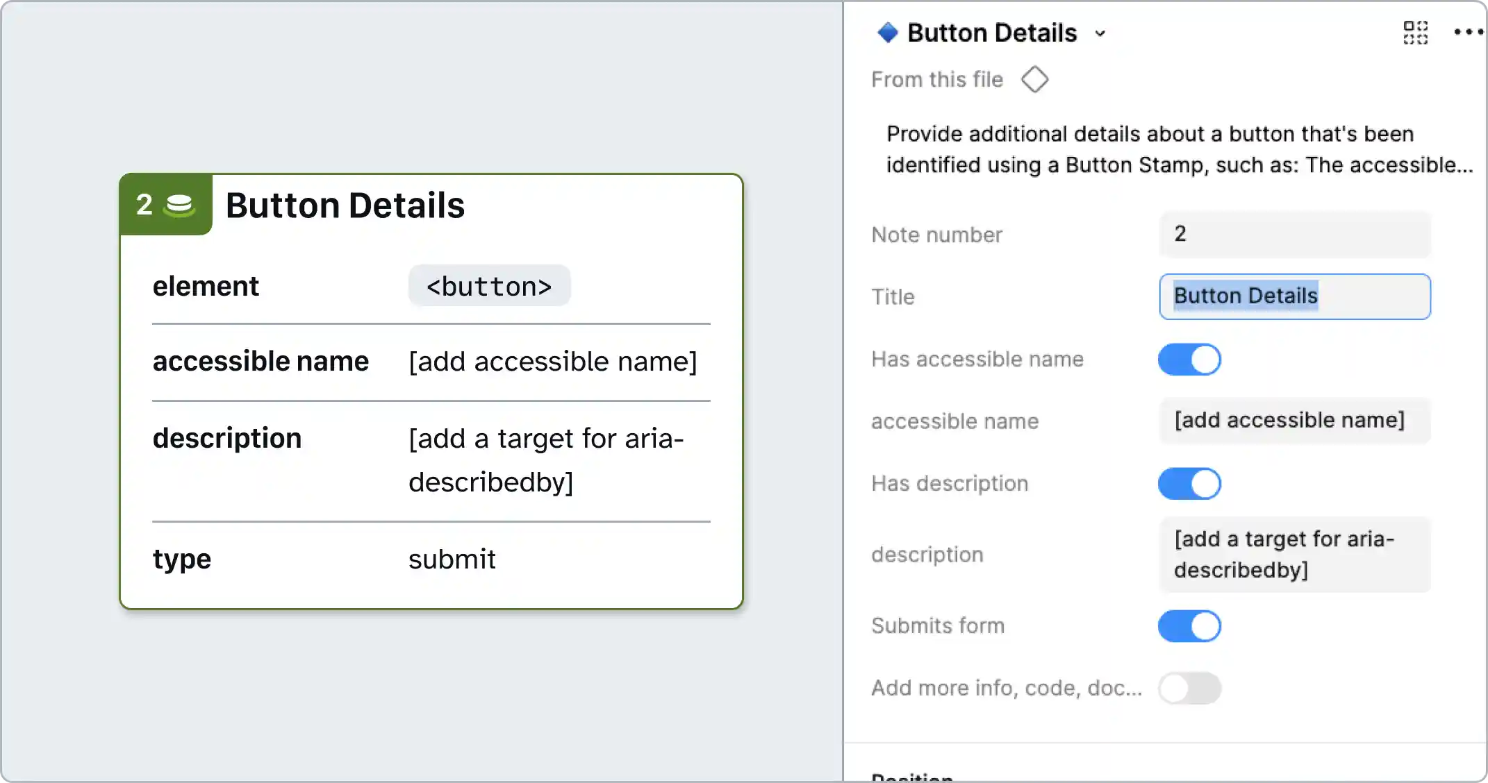 A button details annotation and a Figma properties panel. The note number has been set to 1, and settings to show accessible name and description have been toggled on. Both have placeholders. The Button Details also shows an attribute for type that has been set to submit.