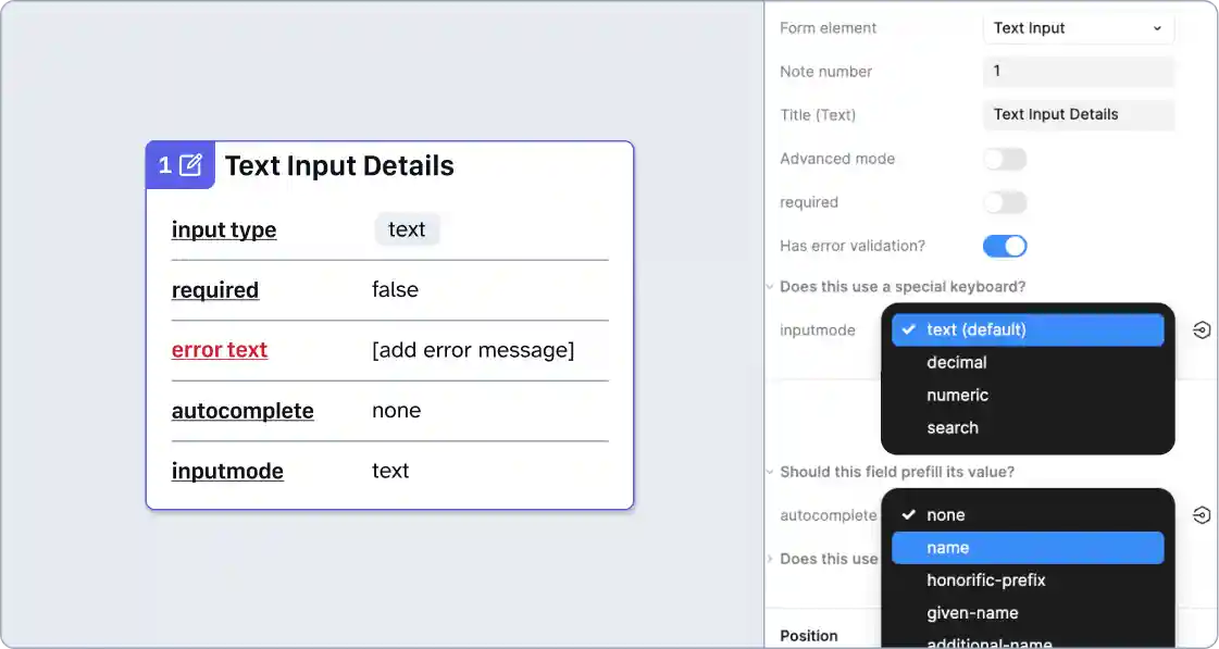 An example of a Text Input Details annotations, including several common properties: autocomplete, inputmode (set to the default, text), required, and has error validation (which is toggled on). In the properties panel, the inputmode selection list is displayed, showing some of the available options: text (default), decimal, numeric, and search.