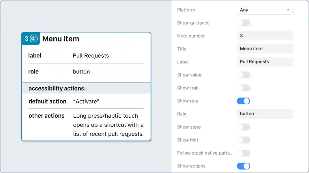 A table details annotation with a title of Menu item and a note number set to 3. Next to it is a Figma properties panel. The label has been set to Pull Requests, the value is blank, the trait is .Link, and there are some additional code snippets, links to documentation, and details about custom actions.