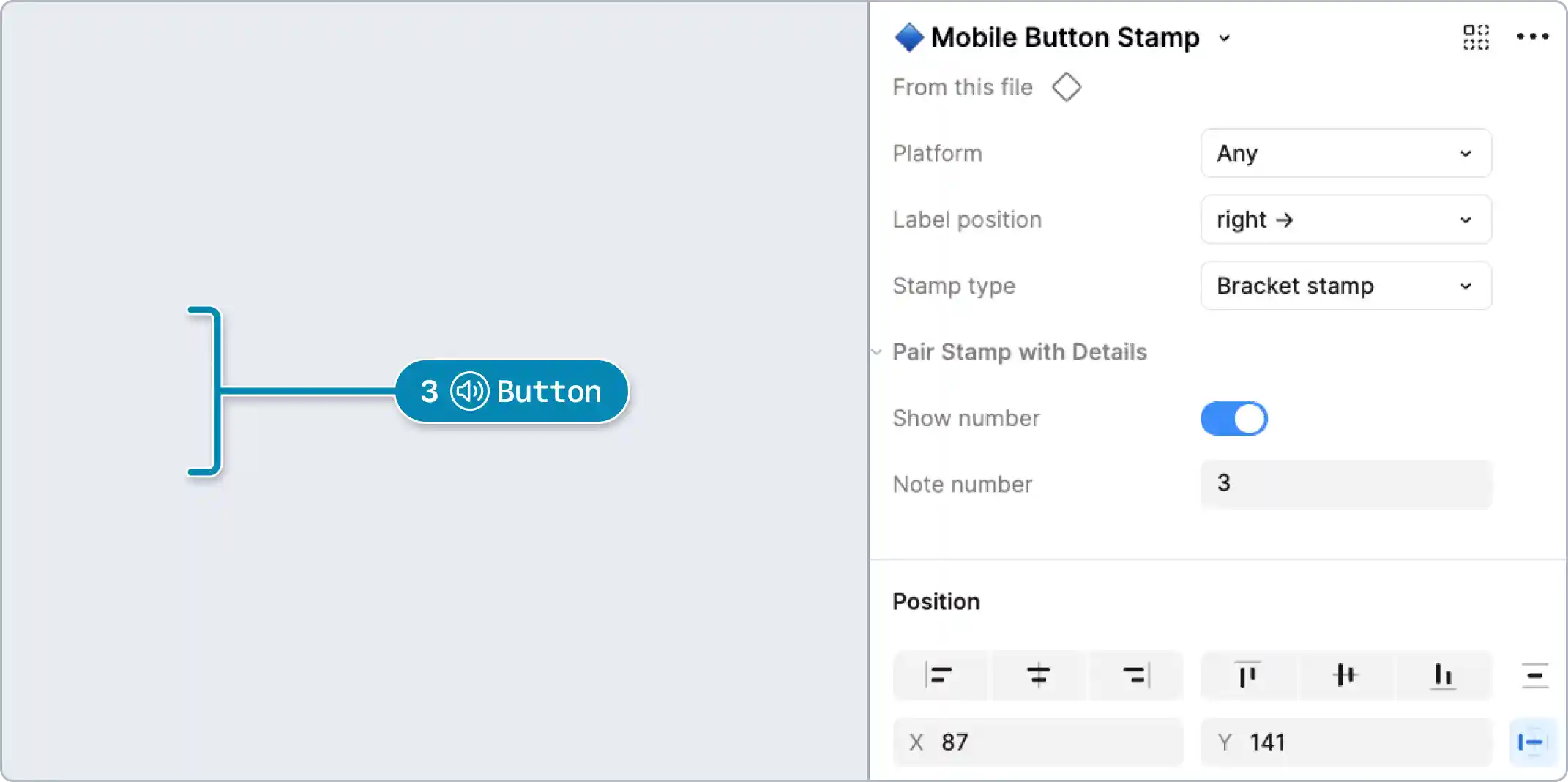 A mobile button pin stamp next to a Figma properties panel. The note number has been set to 3, the stamp type is bracket, the label position is on the right, and the platform has been set to: any.